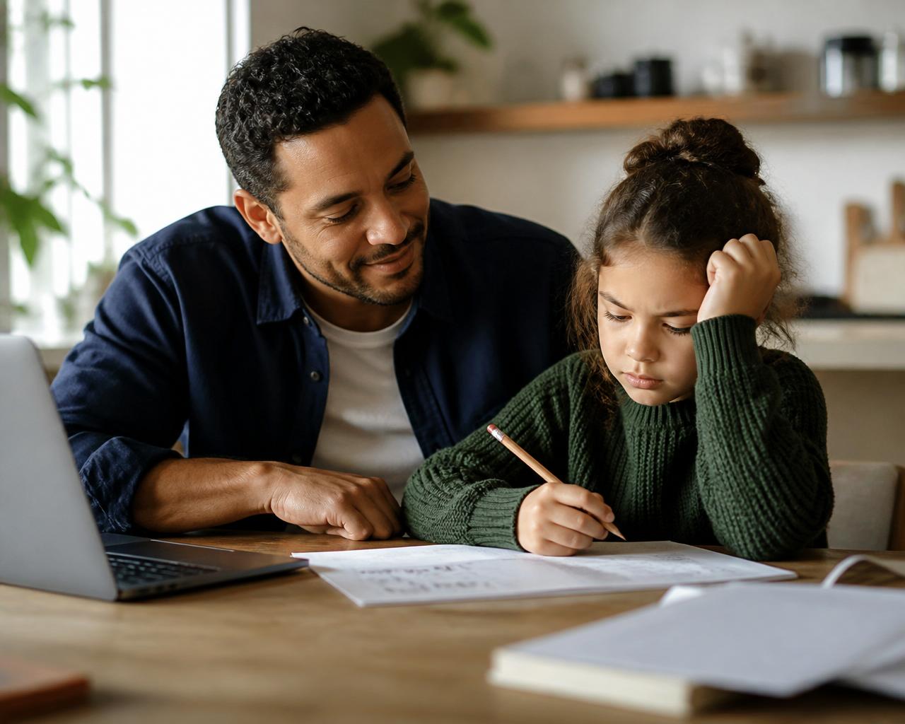 A dad sitting next to his elementary-aged child at the kitchen table, helping with homework while she looks frustrated, an open laptop nearby.